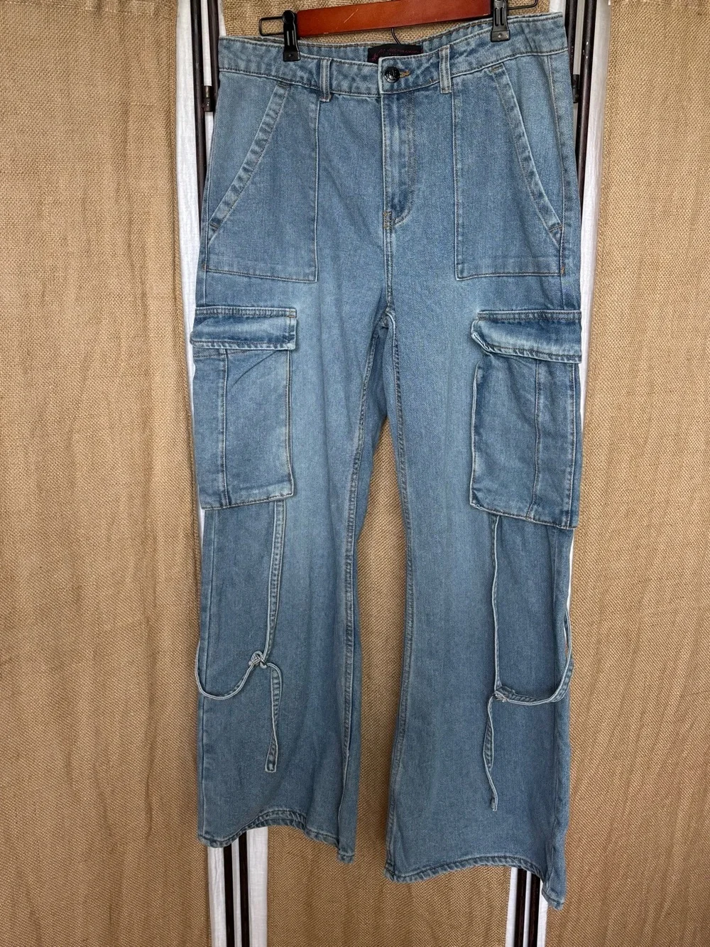 Light Wash Denim Wide Leg Cargo Pockets and Buckled Straps Skater Jeans